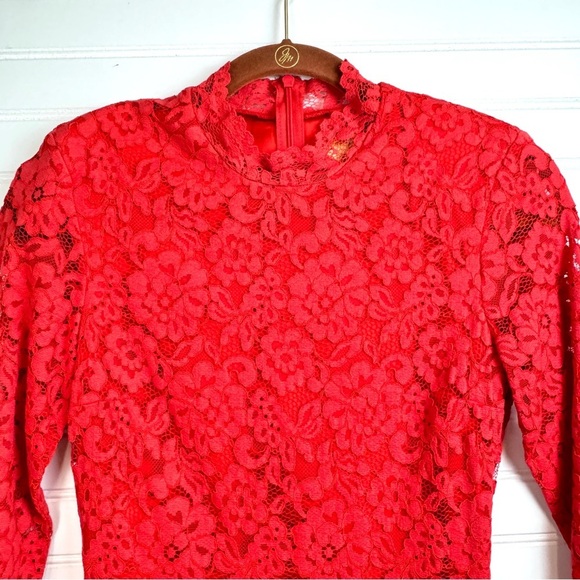 H&M Women’s Red Lace Dress Long sleeve Open Back Knee Length Gold label Sz 4 - Picture 3 of 14